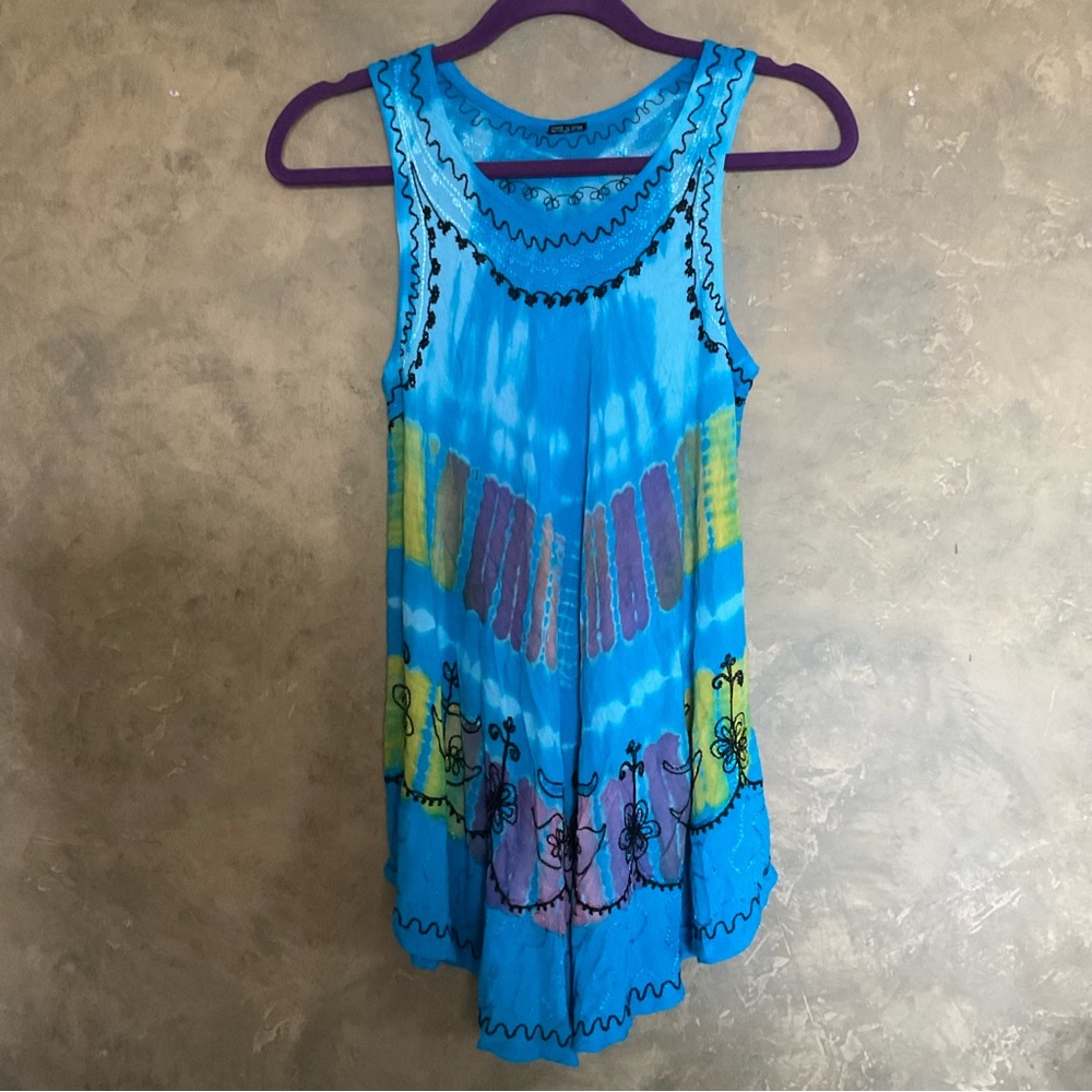 Vintage Tie Dye Embroidered A-line Sleeveless Top Boho L